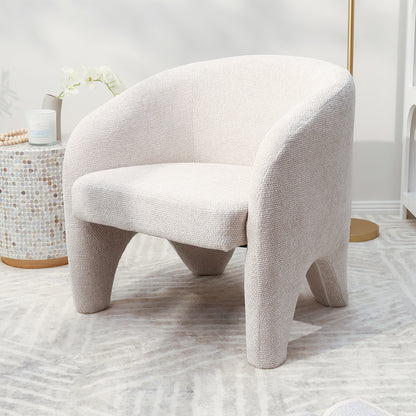Marlona Linen Chenille Accent Armchair with plush cushioning and a curved silhouette, featuring a sturdy frame and ergonomic design, is shown in a room setting, highlighting its elegant and inviting appeal.