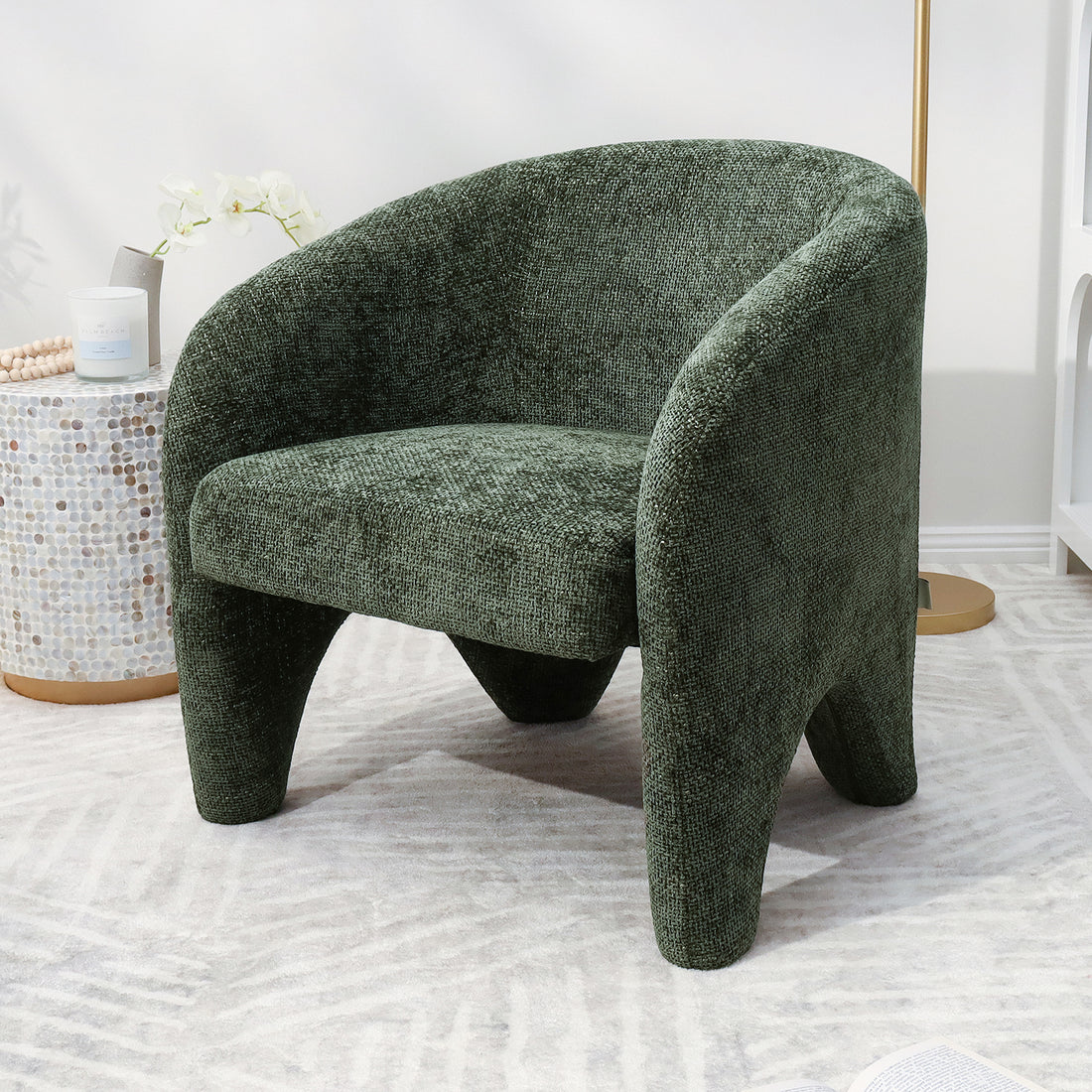 Marlona Linen Chenille Accent Armchair Olive, showcasing a plush, curved silhouette with ergonomic cushioning and solid wood frame, perfectly designed for luxurious comfort and timeless elegance in any indoor setting.