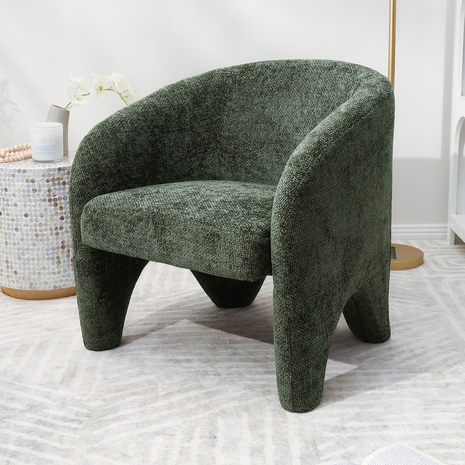 Marlona Linen Chenille Accent Armchair Olive, showcasing a plush, curved silhouette with ergonomic cushioning and solid wood frame, perfectly designed for luxurious comfort and timeless elegance in any indoor setting.