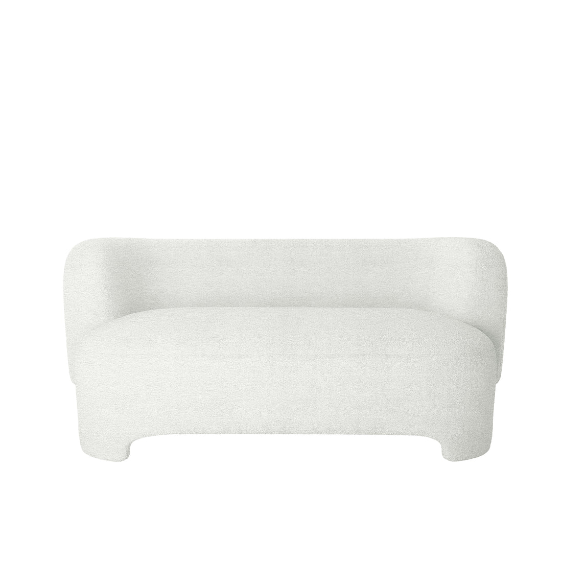 Massie 2-Seater Boucle Sofa in Cream White, featuring a minimalist design with rounded arms and back, upholstered in soft, textured boucle fabric. Compact, with short integrated legs, perfect for modern interiors.