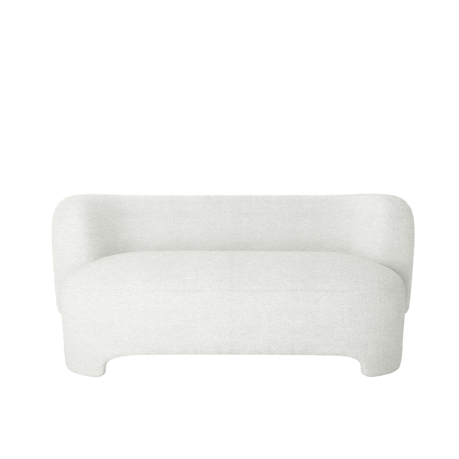 Massie 2-Seater Boucle Sofa in Cream White, featuring a minimalist design with rounded arms and back, upholstered in soft, textured boucle fabric. Compact, with short integrated legs, perfect for modern interiors.