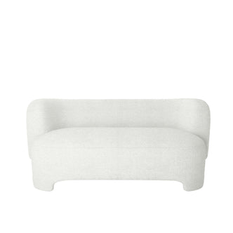 Massie 2-Seater Boucle Sofa in Cream White, featuring a minimalist design with rounded arms and back, upholstered in soft, textured boucle fabric. Compact, with short integrated legs, perfect for modern interiors.
