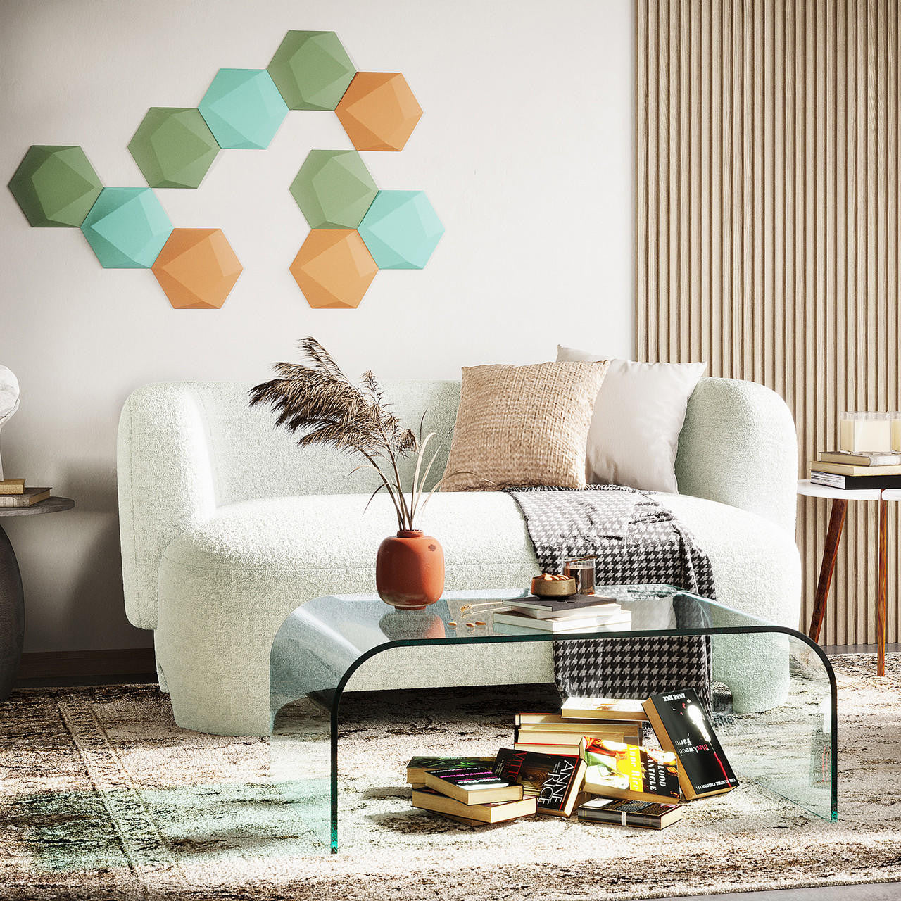 Massie 2 Seater Boucle Sofa in Cream White, features a curved design with textured upholstery, accented by beige and cream pillows, and a houndstooth blanket, set in a cozy, contemporary living space.