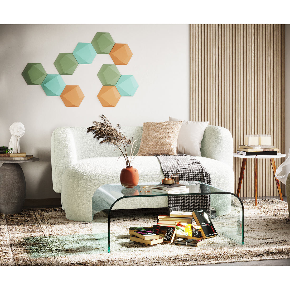 Massie 2 Seater Boucle Sofa in Cream White, featuring a gentle curve and plush texture, is styled with throw pillows and a houndstooth throw, set in a contemporary living room scene.