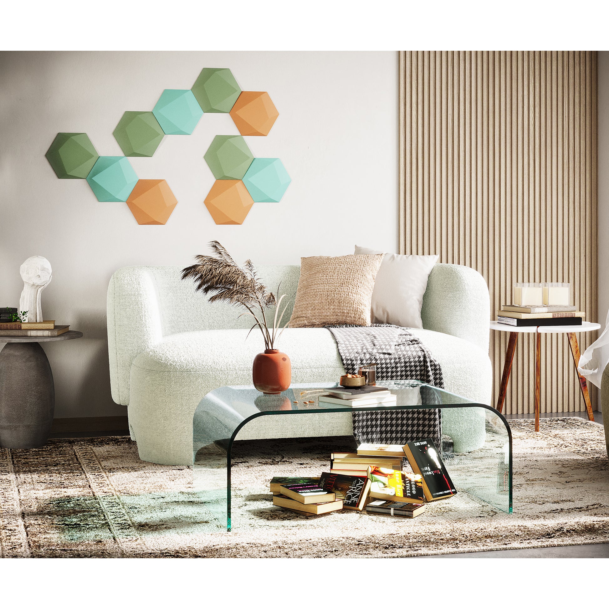 Massie 2 Seater Boucle Sofa in Cream White, featuring a gentle curve and plush texture, is styled with throw pillows and a houndstooth throw, set in a contemporary living room scene.