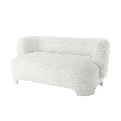 Massie 2 Seater Boucle Sofa in Cream White, featuring a gently curved backrest with rounded arm supports, upholstered in textured off-white fabric, and supported by short integrated legs.