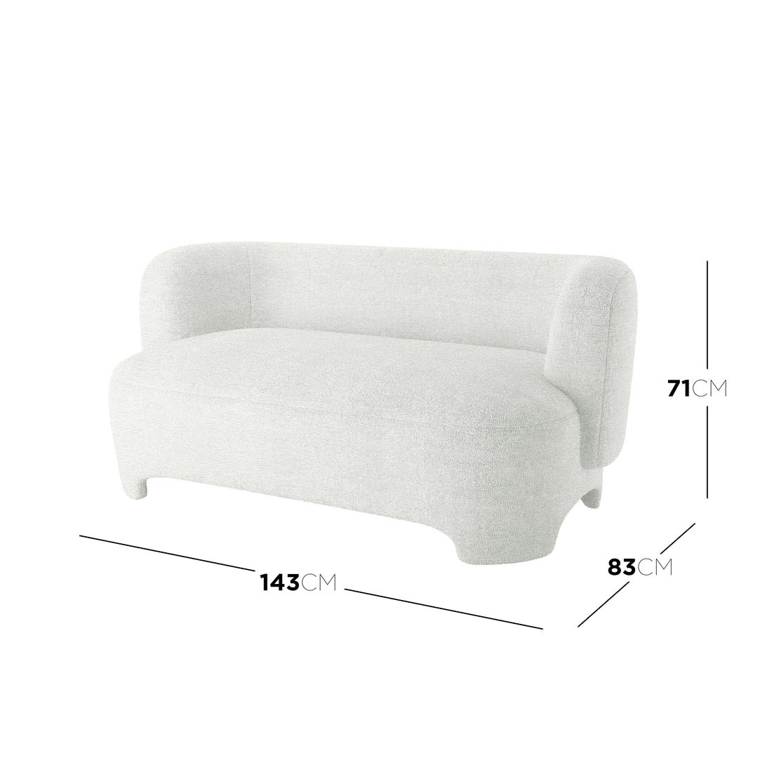 Massie 2 Seater Boucle Sofa in Cream White, featuring a low-profile, sculpted design with rounded edges, upholstered in textured bouclé fabric. Dimensions: 143 cm width, 83 cm depth, 71 cm height.