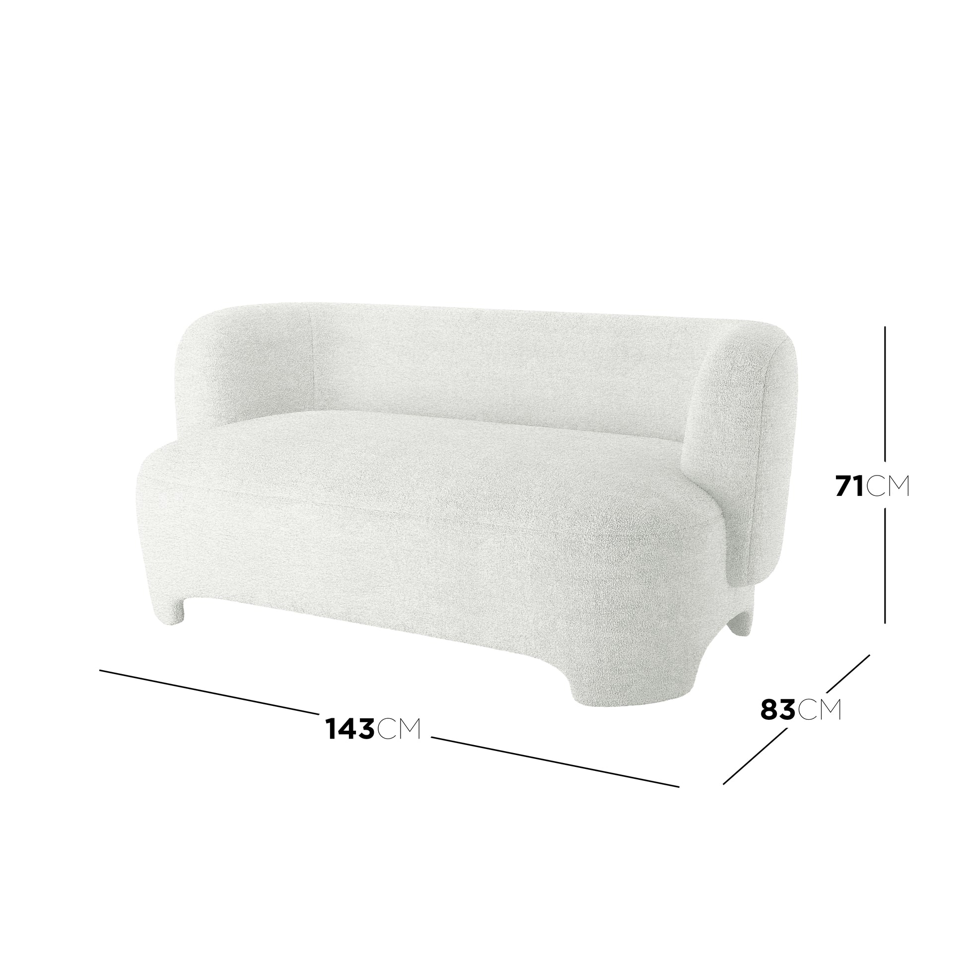 Massie 2 Seater Boucle Sofa in Cream White, featuring a low-profile, sculpted design with rounded edges, upholstered in textured bouclé fabric. Dimensions: 143 cm width, 83 cm depth, 71 cm height.