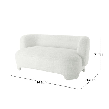 Massie 2 Seater Boucle Sofa in Cream White, featuring a low-profile, sculpted design with rounded edges, upholstered in textured bouclé fabric. Dimensions: 143 cm width, 83 cm depth, 71 cm height.