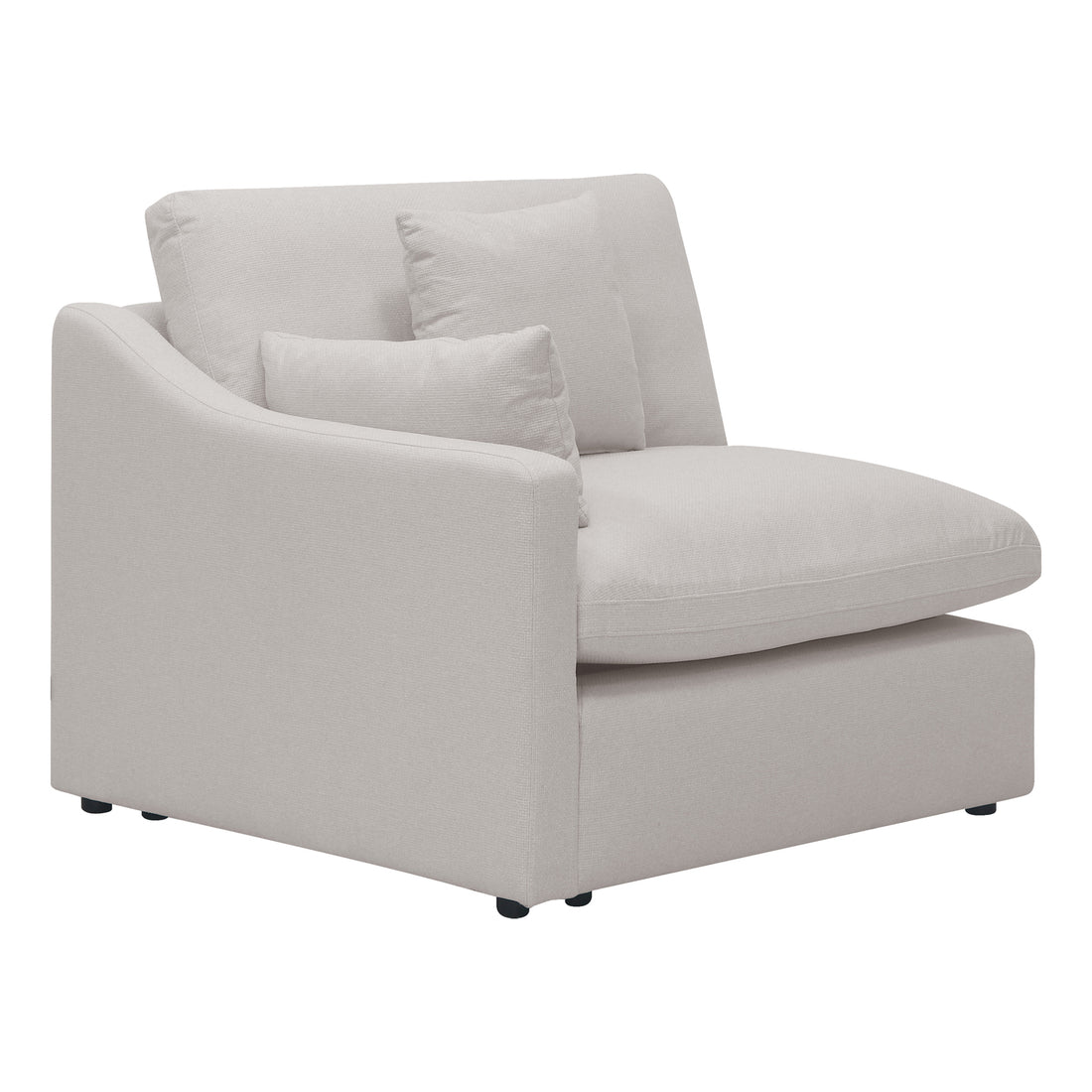 Millie 3-Seater Fabric Modular Sofa showcasing its plush white pillow and armrest, highlighting the sofa's modular design and luxurious comfort, perfect for modern living spaces.