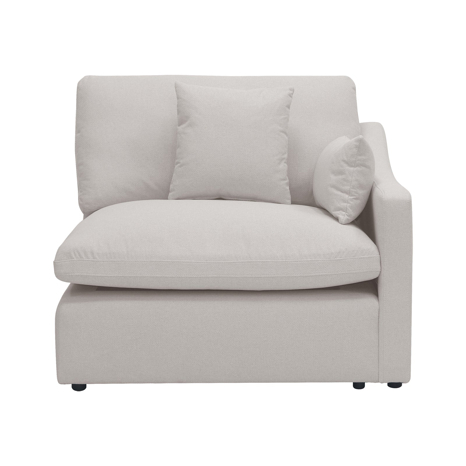 Millie 3-Seater Fabric Modular Sofa showcasing its plush white pillow and premium linen fabric, highlighting the sofa's deep seating and textured design.