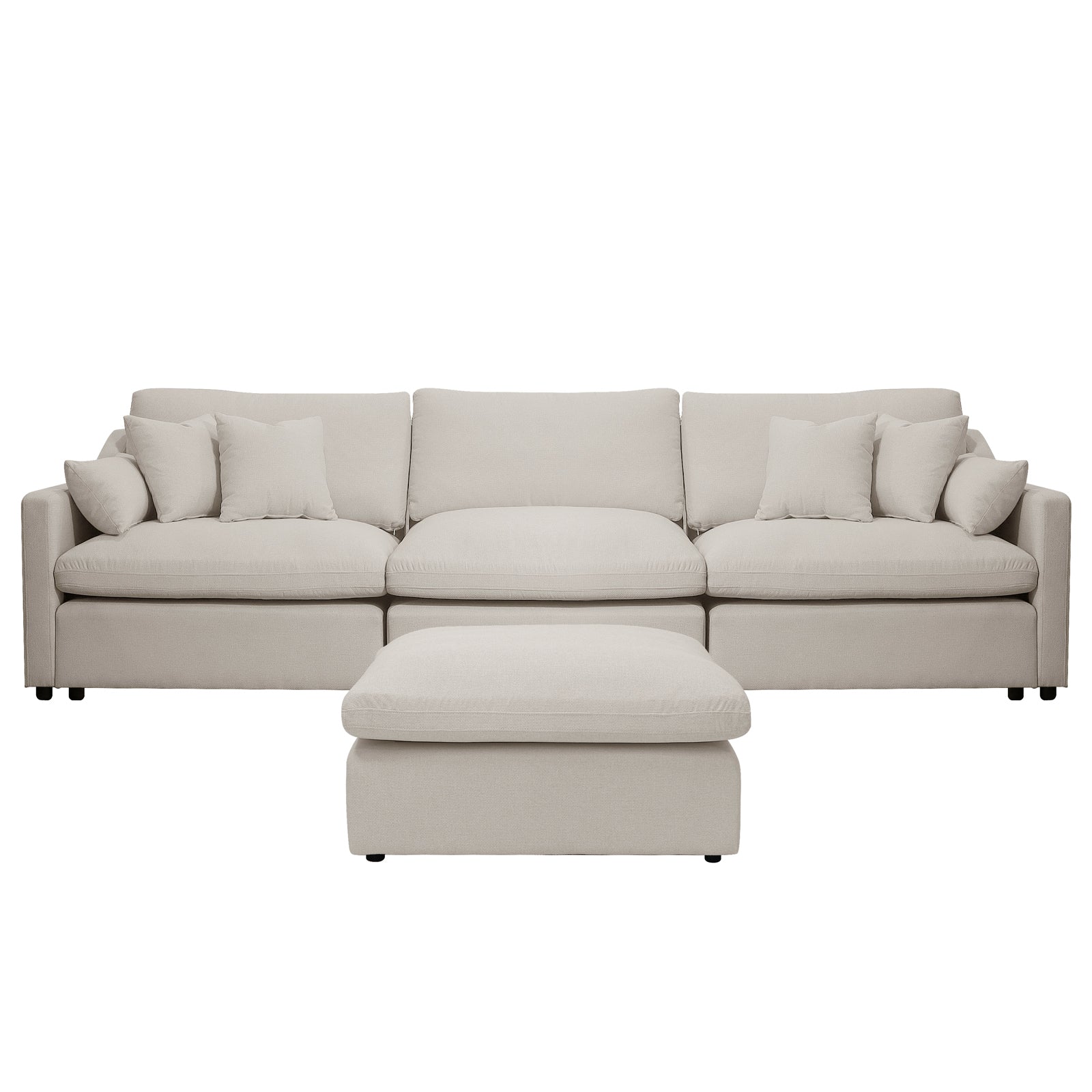 Millie 4-Seater Fabric Corner Chaise Sofa Light Beige displayed with plush cushions, highlighting its expansive, modular design ideal for comfort and relaxation in modern living spaces.