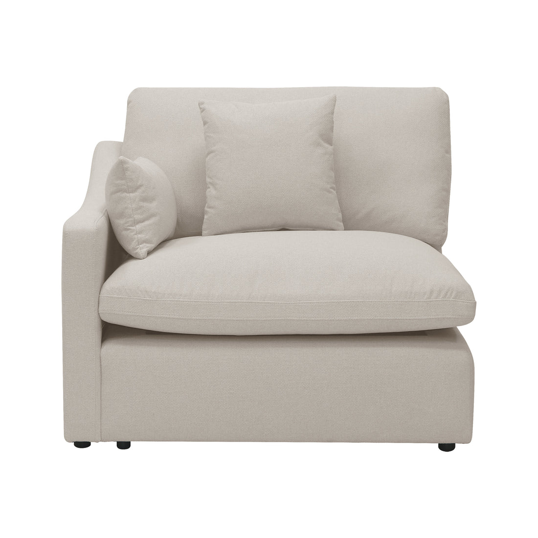 Millie 4-Seater Fabric Corner Chaise Sofa Light Beige close-up, showcasing plush foam cushions and premium woven linen fabric, highlighting its deep seating and modular design for ultimate comfort and style.