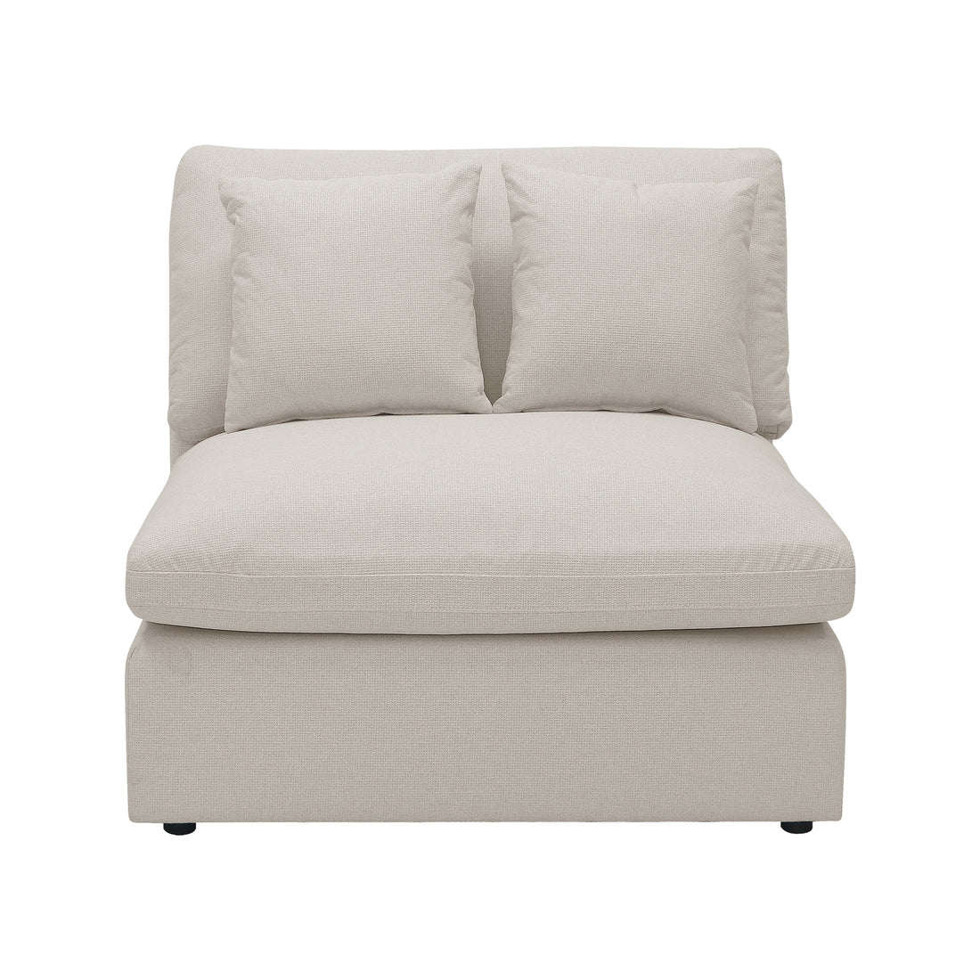 Millie 4-Seater Fabric Corner Chaise Sofa Light Beige featuring plush foam cushions, expansive modular design, and premium woven linen fabric, showcased with a white pillow on a couch and close-up of the fabric surface.