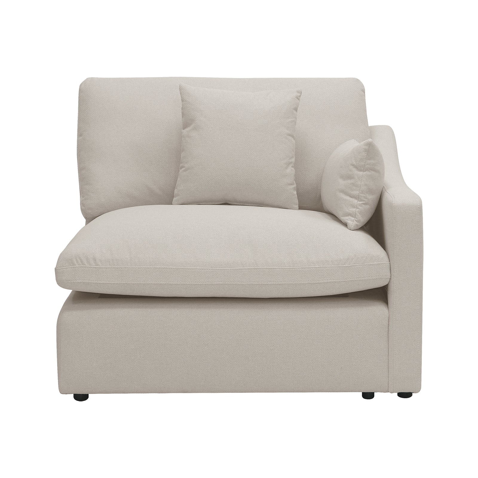 Millie 4-Seater Fabric Corner Chaise Sofa, featuring plush, deep seating cushions, elegantly structured armrests, and a sleek, modular design, showcased on a couch.