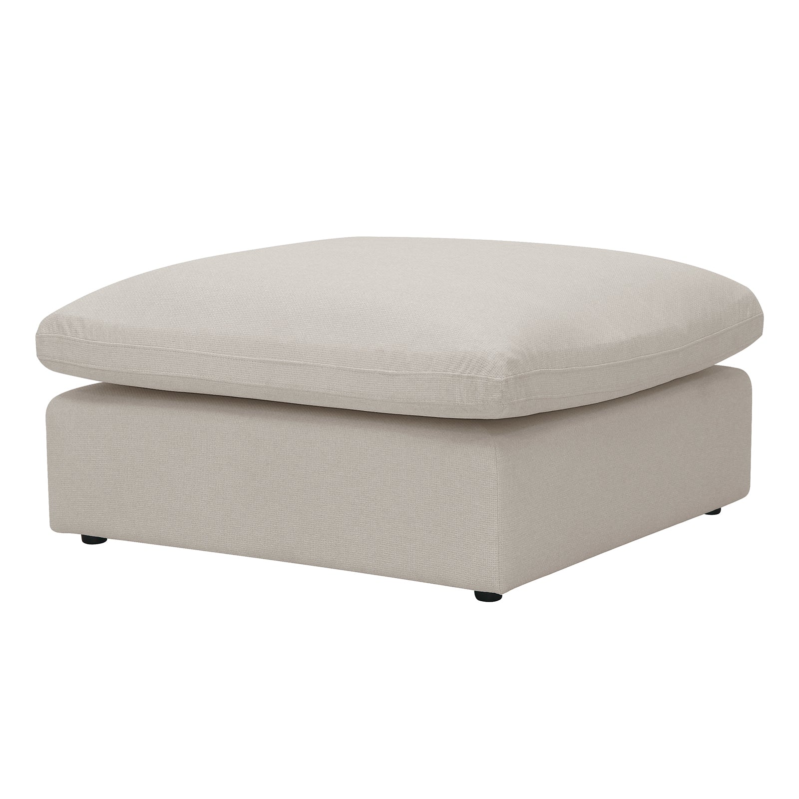 Millie 4-Seater Fabric Corner Chaise Sofa Light Beige, featuring a white cushion on a matching square ottoman, showcasing its plush comfort and modern design for luxurious relaxation.