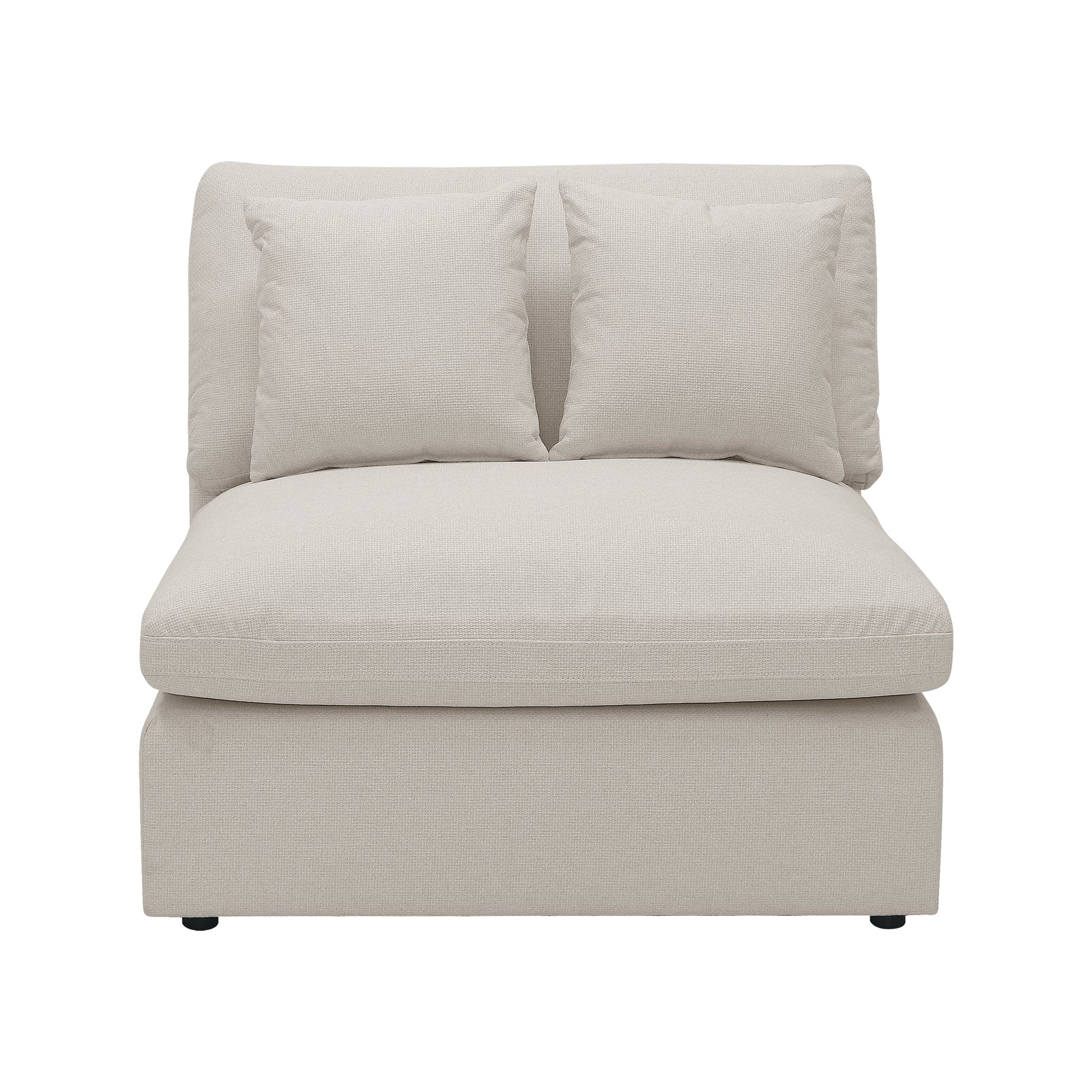Millie 4-Seater Fabric Modular Sofa Light Beige on a couch; features a white pillow and a close-up of the sofa's textured fabric, illustrating comfort and modular flexibility.