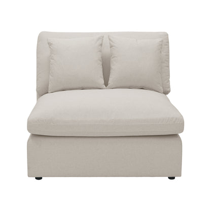 Millie 4-Seater Fabric Modular Sofa Light Beige on a couch; features a white pillow and a close-up of the sofa's textured fabric, illustrating comfort and modular flexibility.