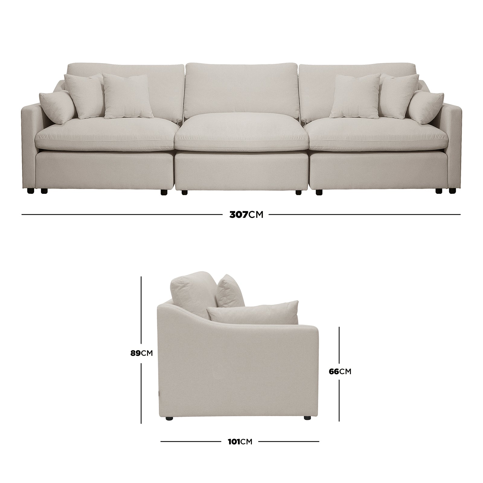 Millie 4-Seater Fabric Modular Sofa Light Beige, featuring a close-up of a plush white pillow on its surface, showcasing its inviting texture and elegant design suitable for modern living spaces.