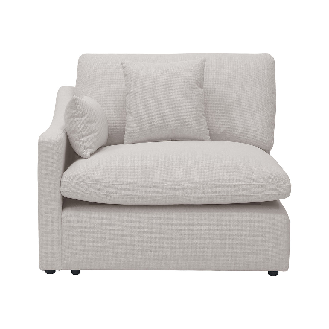 Millie 4 Seater Spill Resistant Fabric Sofa in Light Grey featuring a modular corner section with a left armrest, thick cushions, and a small throw pillow, ideal for versatile living spaces.
