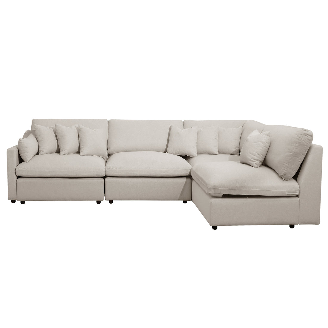 Millie 5-Seater Fabric Modular Sofa Light Beige showcased with plush cushions and modular design, highlighting its deep seating and high-quality woven fabric on a stylish studio couch setting.