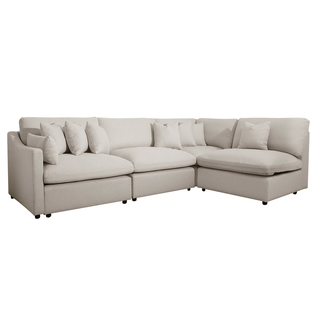 Millie 5-Seater Fabric Modular Sofa Light Beige, showcasing plush cushions and woven fabric upholstery, emphasizing comfort and style on a studio couch setting.