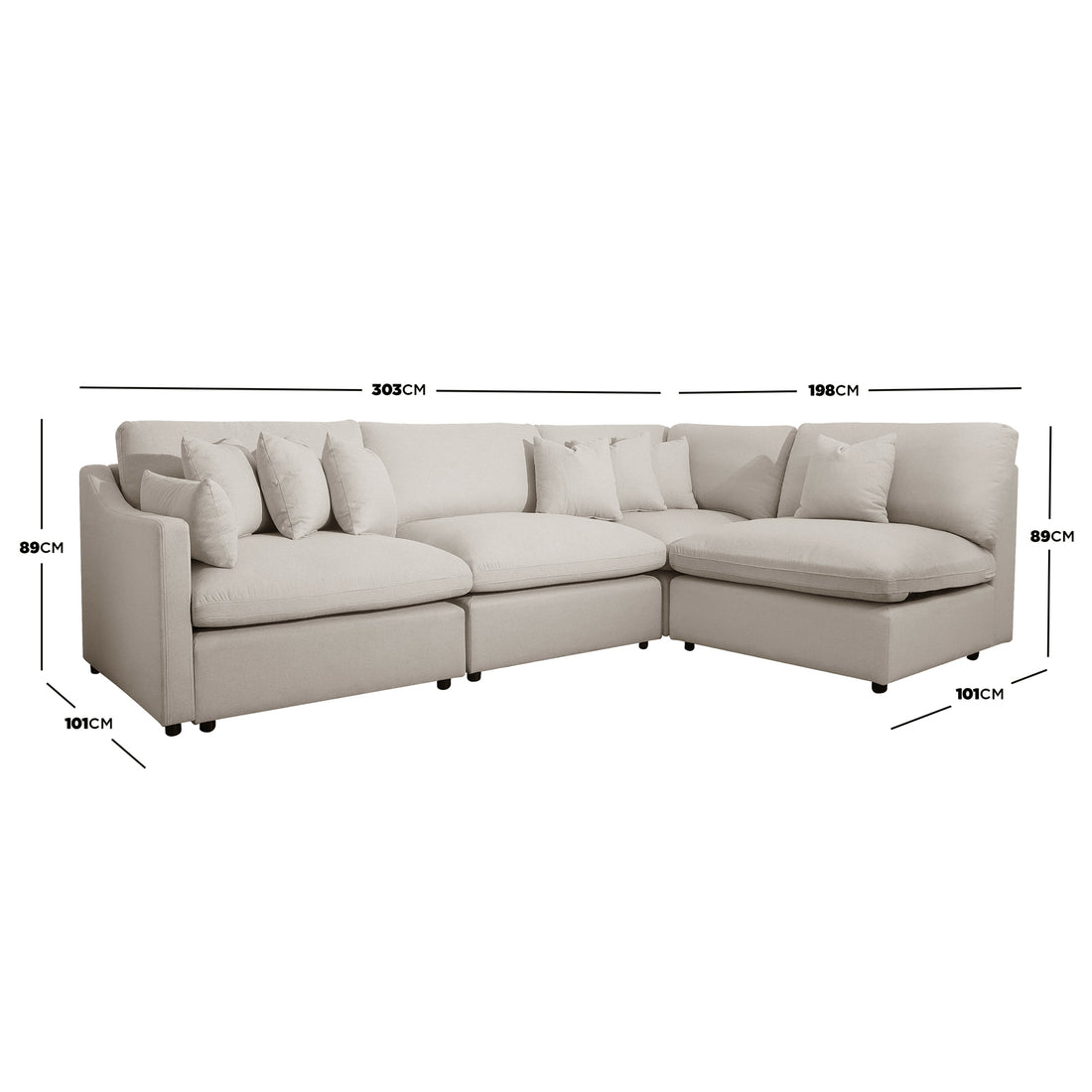 Millie 5-Seater Fabric Modular Sofa Light Beige featuring plush cushions, deep seats, and sturdy timber frame, positioned on a couch, showcasing its versatile and comfortable design for modern living spaces.