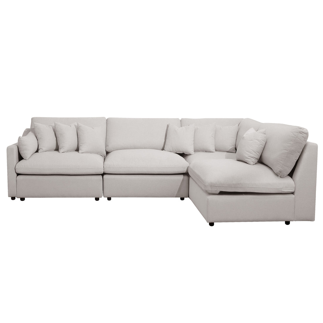 Millie 5-Seater Fabric Modular Sofa's plush cushions, showcasing its deep, plush seating and high-quality woven fabric, highlighting the sofa's luxurious and cozy design.