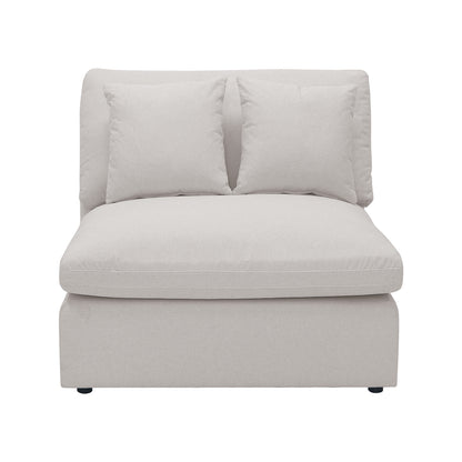 Millie 6-Seater Fabric Corner Chaise Sofa in Warm Light Grey, featuring plush cushions and a modular design, showcased on a couch with a white pillow and chair, highlighting its comfort and versatility.