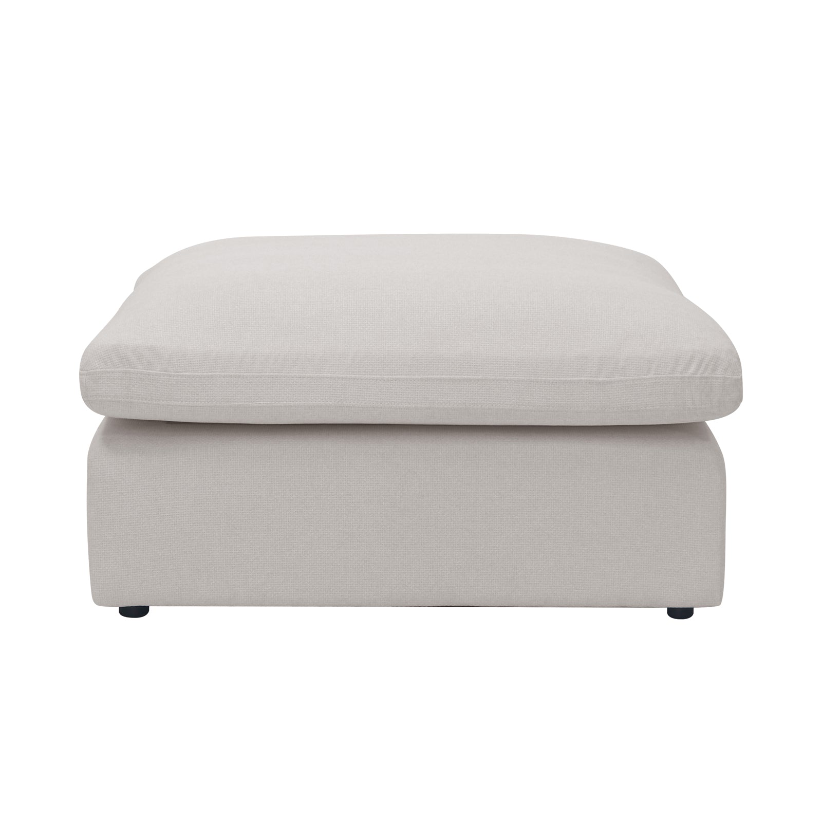 Millie Fabric Ottoman Modular Sofa in warm light grey, showcasing its smooth linen texture and plush, thick foam padding, highlighting its deep seating and robust timber frame construction.