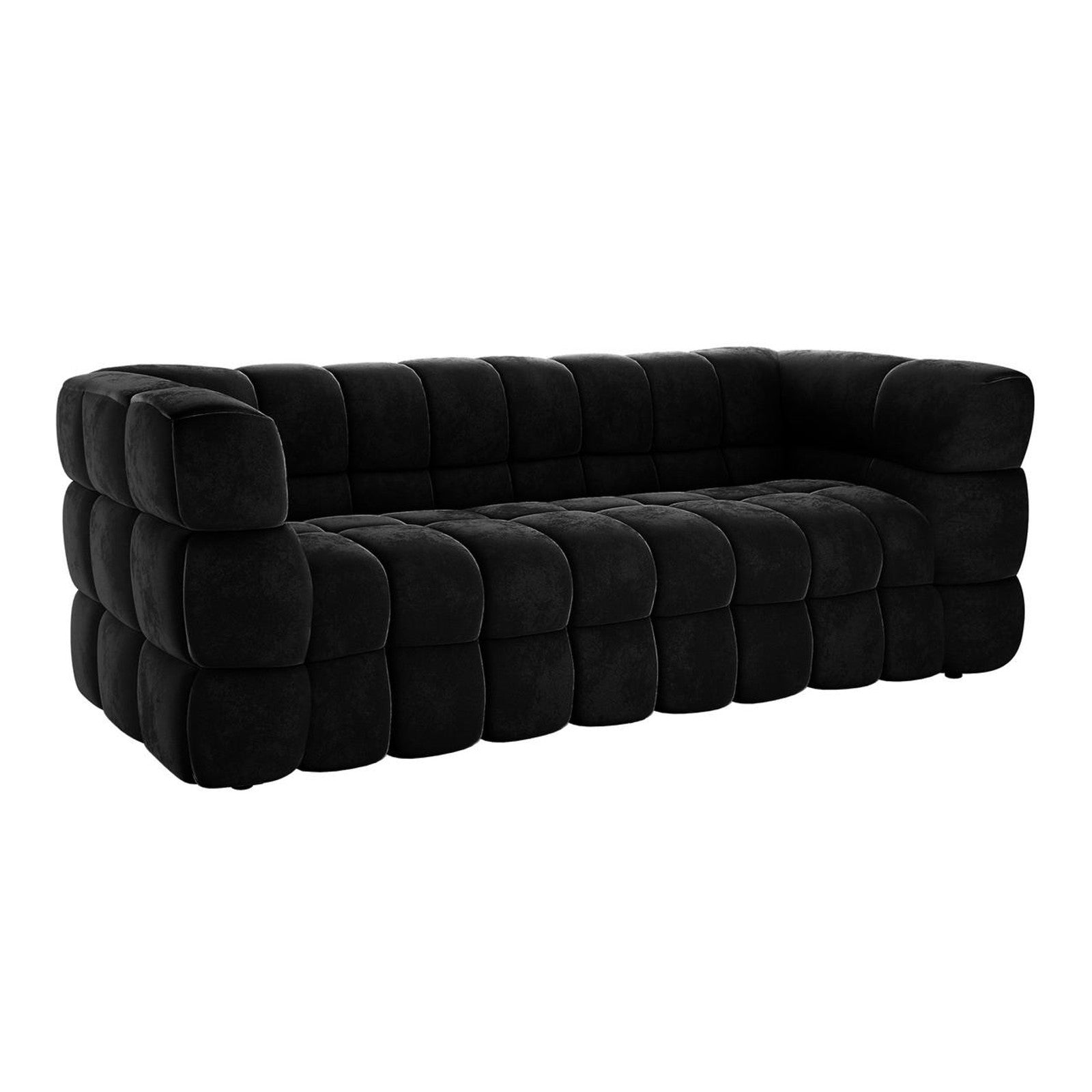 Norah 3 Seater Velvet Sofa in Black, featuring a modern design with grid-like, tufted upholstery. Each cushion forms a rounded block, creating a modular, quilted appearance with continuous back and armrests.