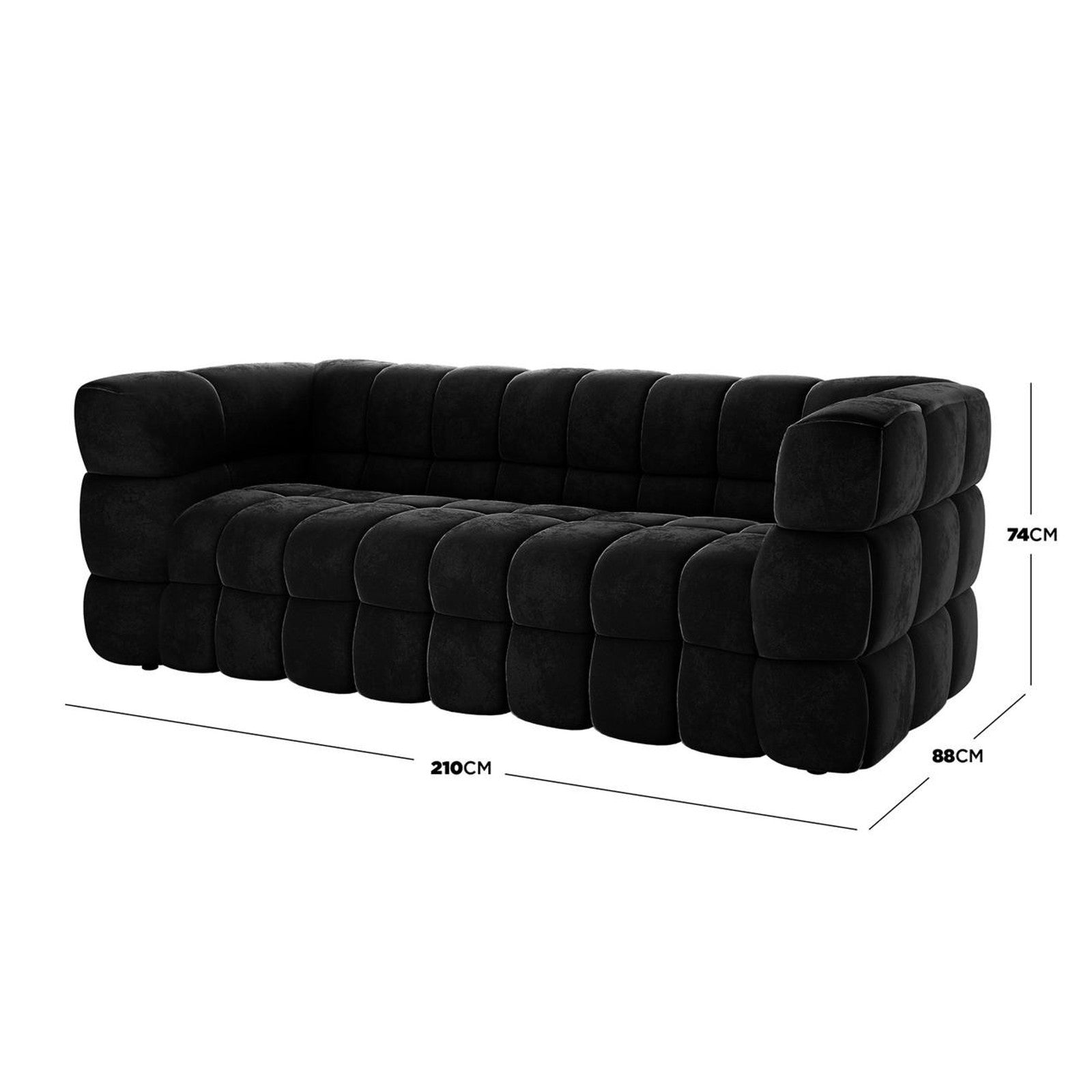 Norah 3 Seater Velvet Sofa in Black, featuring modern design with large, rounded cube cushions; dimensions 210 cm wide, 88 cm deep, 74 cm high, perfect for contemporary urban living spaces.