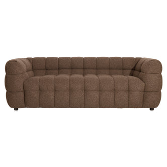 Norah 3 Seater Boucle Sofa in Brown featuring deep, evenly spaced tufting on a low-profile design, upholstered in textured fabric, showcasing a modern quilted appearance with plush, inviting cushions.