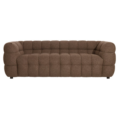 Norah 3 Seater Boucle Sofa in Brown featuring deep, evenly spaced tufting on a low-profile design, upholstered in textured fabric, showcasing a modern quilted appearance with plush, inviting cushions.