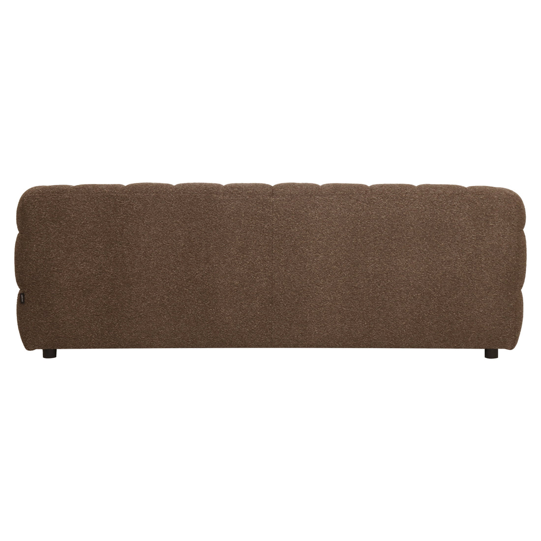 Norah 3 Seater Boucle Sofa in Brown, featuring textured channel-style tufting, upholstered in rich boucle fabric, low-profile design with short dark legs, seen from the back showcasing its modern elegance.