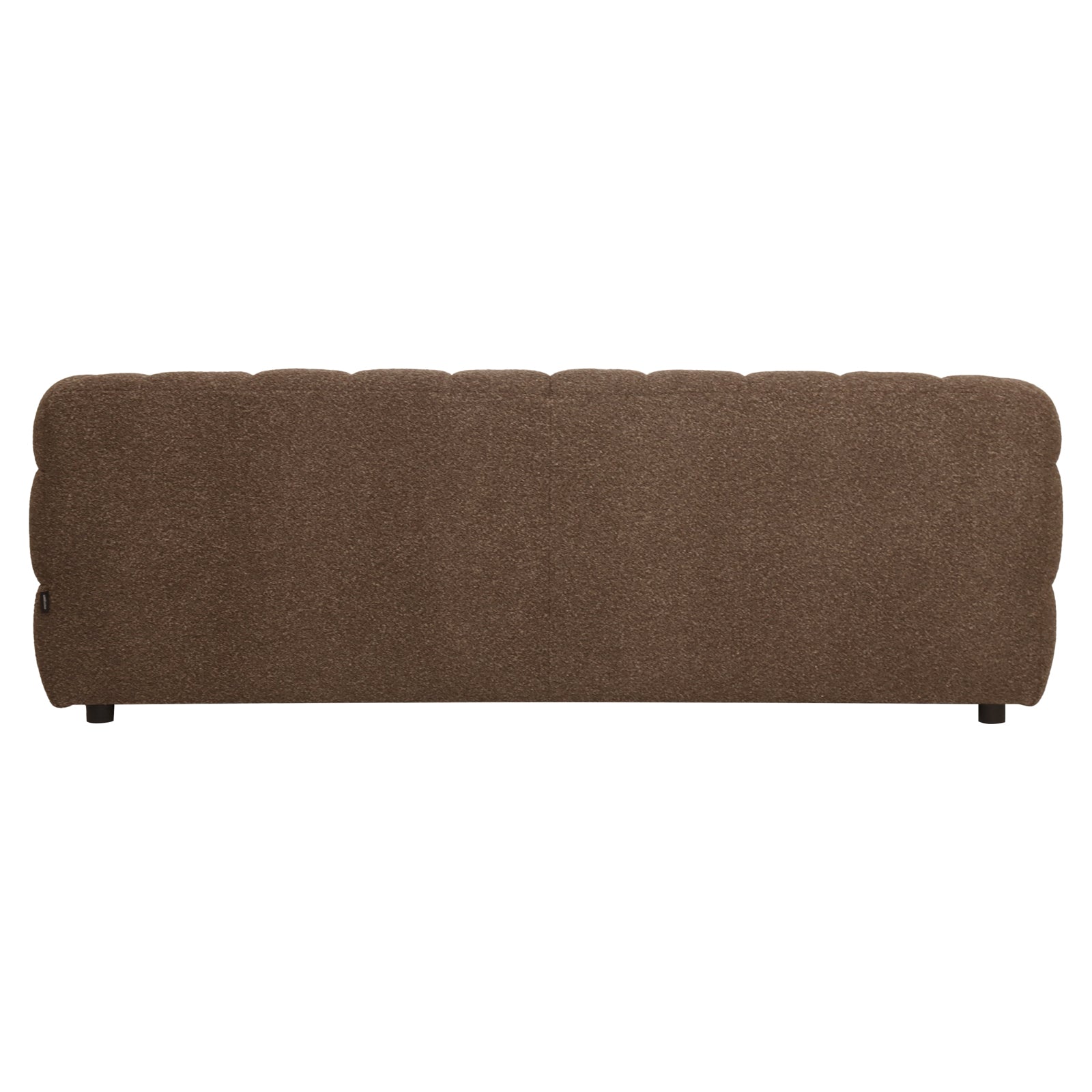 Norah 3 Seater Boucle Sofa in Brown, featuring textured channel-style tufting, upholstered in rich boucle fabric, low-profile design with short dark legs, seen from the back showcasing its modern elegance.
