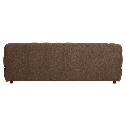 Norah 3 Seater Boucle Sofa in Brown, featuring textured channel-style tufting, upholstered in rich boucle fabric, low-profile design with short dark legs, seen from the back showcasing its modern elegance.