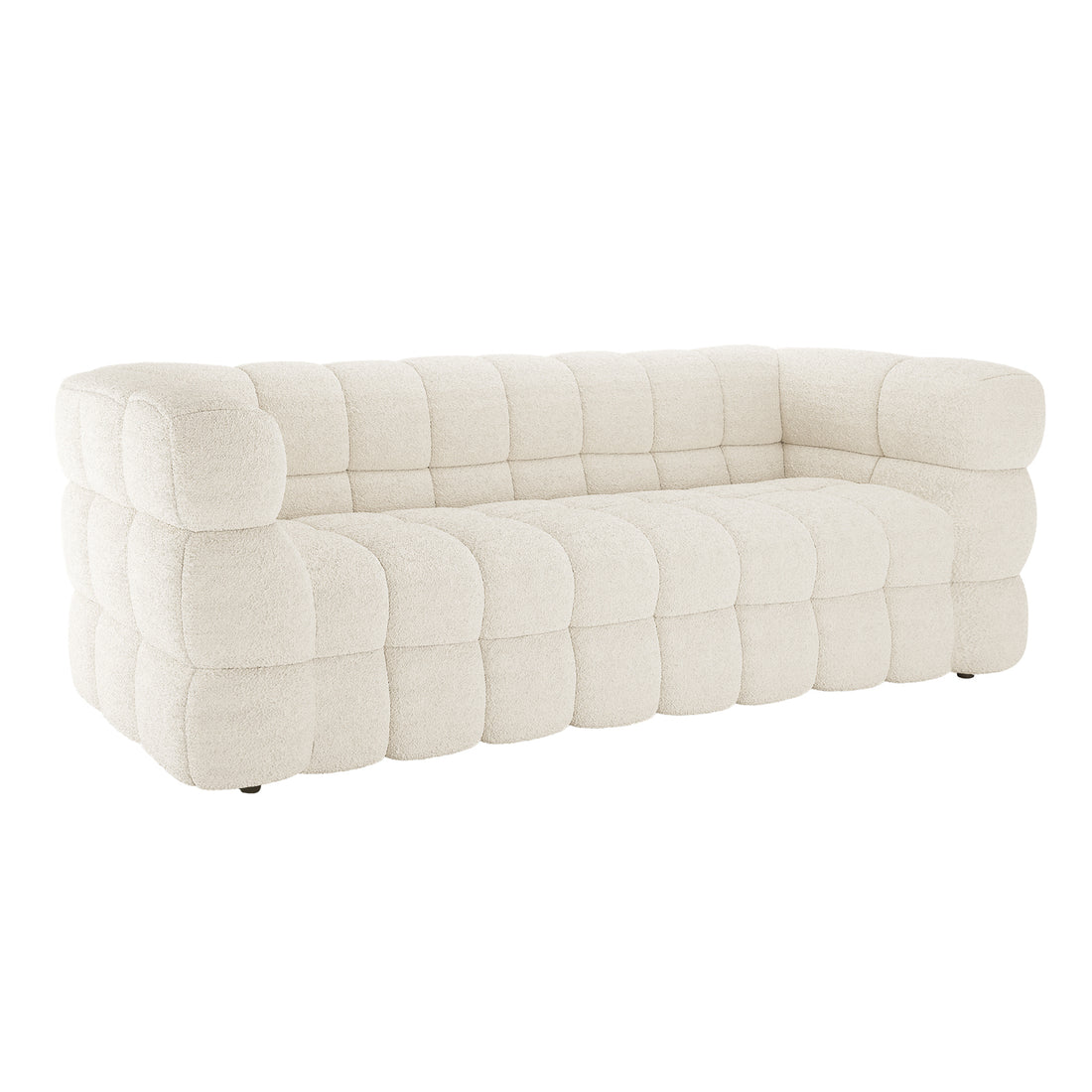 Norah 3 Seater Boucle Sofa in Cream White features off-white boucle fabric with oversized, rounded grid-like tufting on seat, back, and arms, offering a plush, modular appearance.