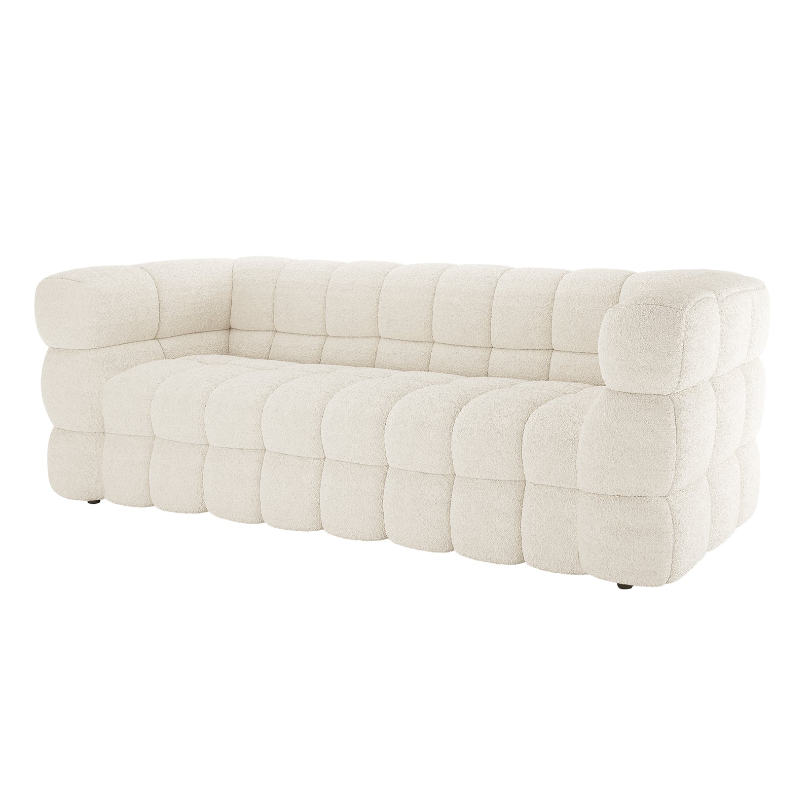 Norah 3 Seater Boucle Sofa in Cream White, featuring a cloud-like, tufted cushion design with rounded arms, upholstered in soft boucle fabric, offering a modern, cozy, sculptural seating option.