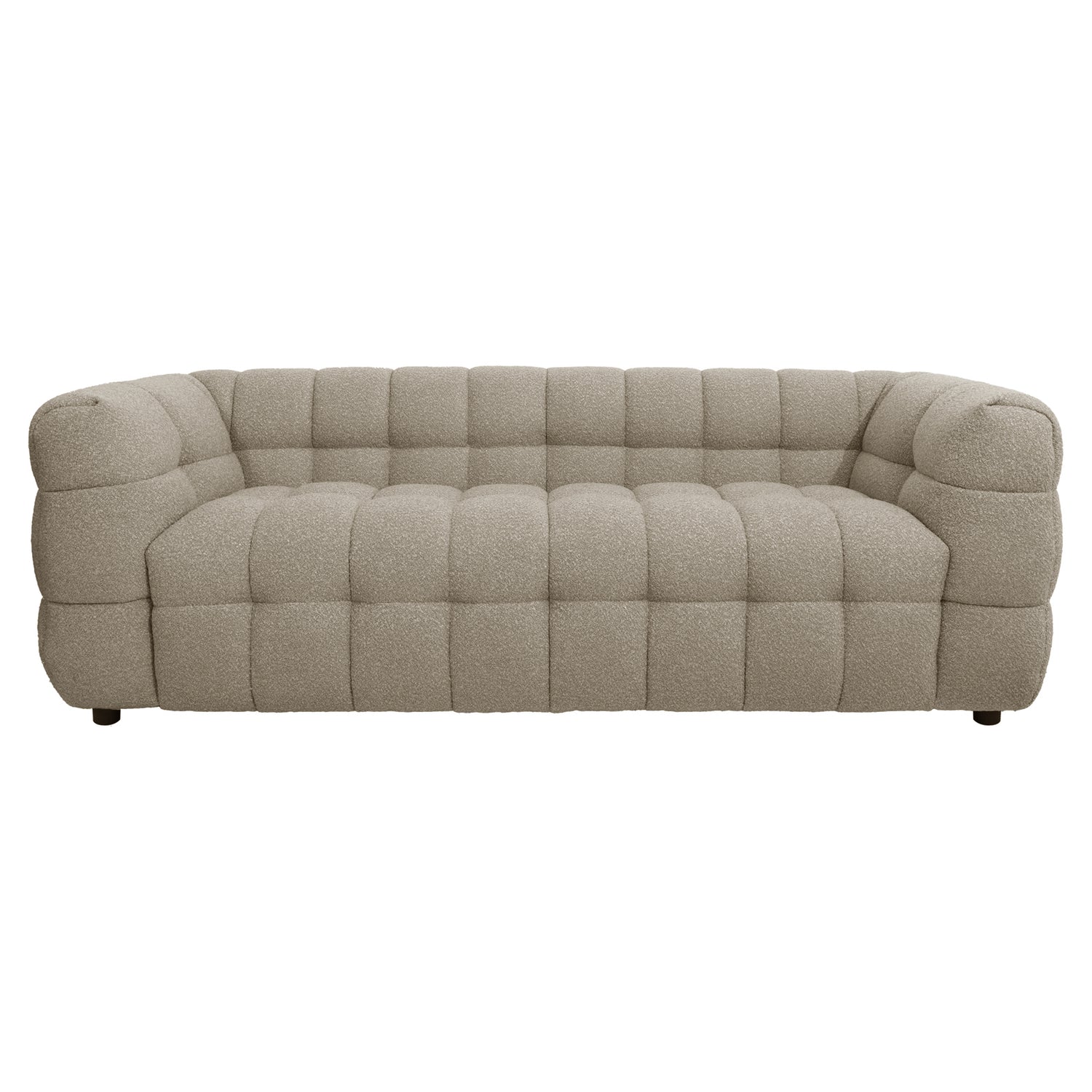 Norah 3 Seater Boucle Sofa in Warm Beige, featuring a plush, tufted square-grid pattern on light beige bouclé fabric, with integrated rounded armrests and low legs for a contemporary, cozy look.