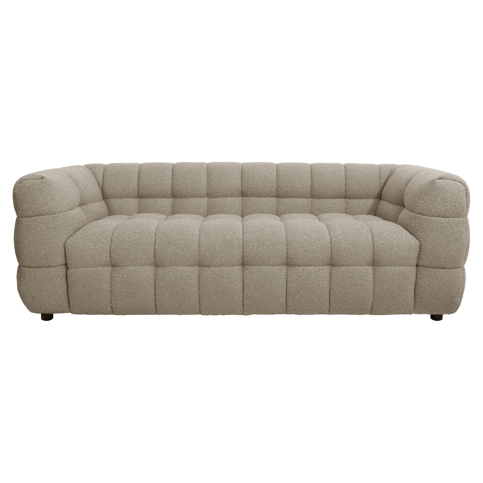 Norah 3 Seater Boucle Sofa in Warm Beige, featuring a plush, tufted square-grid pattern on light beige bouclé fabric, with integrated rounded armrests and low legs for a contemporary, cozy look.
