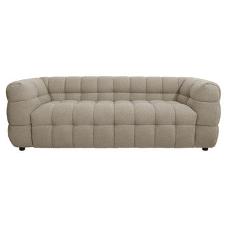 Norah 3 Seater Boucle Sofa in Warm Beige, featuring a plush, tufted square-grid pattern on light beige bouclé fabric, with integrated rounded armrests and low legs for a contemporary, cozy look.