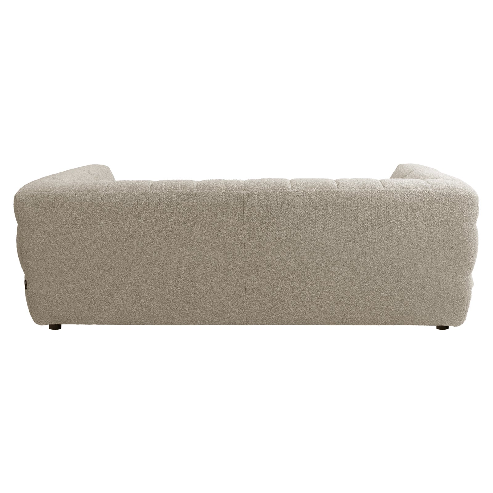 Rear view of Norah 3 Seater Boucle Sofa in Warm Beige, showcasing its modern design with light beige bouclé fabric, suitable for contemporary living spaces.