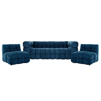 Norah 5 Seater Velvet Fabric Sofa Set in Blue featuring a deep-blue, quilted design with a three-seat sofa and two matching armless lounge chairs, showcasing a chunky, grid-style tufted upholstery.