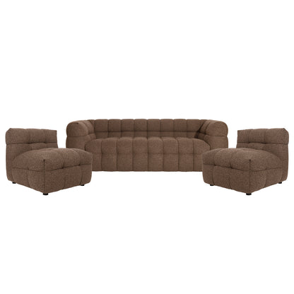 Norah 5-Seater Boucle Sofa Set with Armless Chairs in Brown, featuring a three-seat tufted sofa and two matching armless chairs, all with textured fabric and nearly hidden feet for a plush appearance.