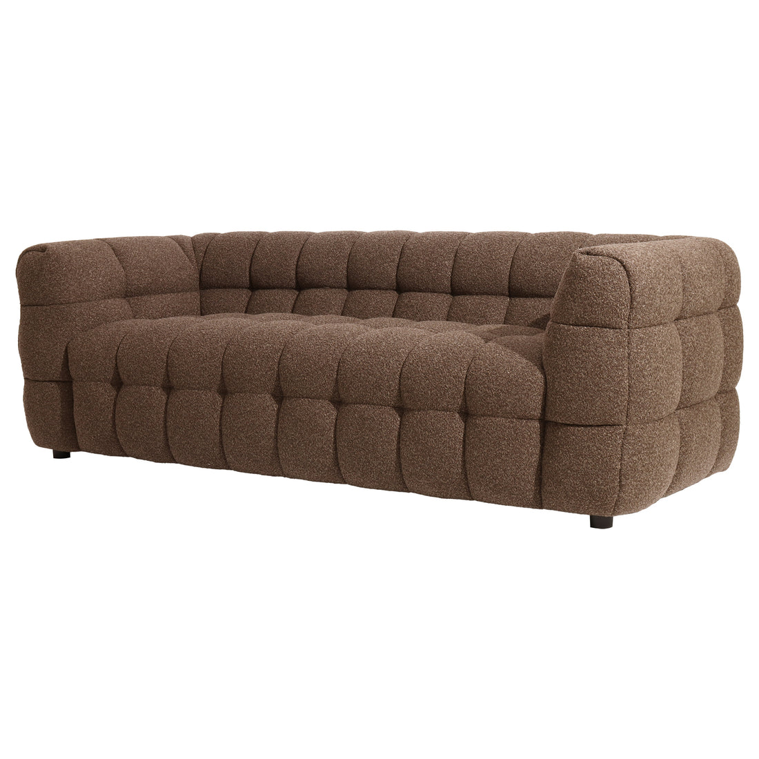 Norah 5-Seater Boucle Sofa Set with Armless Chairs in Brown features a low-profile design, quilted tufted squares, gently curved armrests, and short legs, exuding modern elegance and cozy comfort.