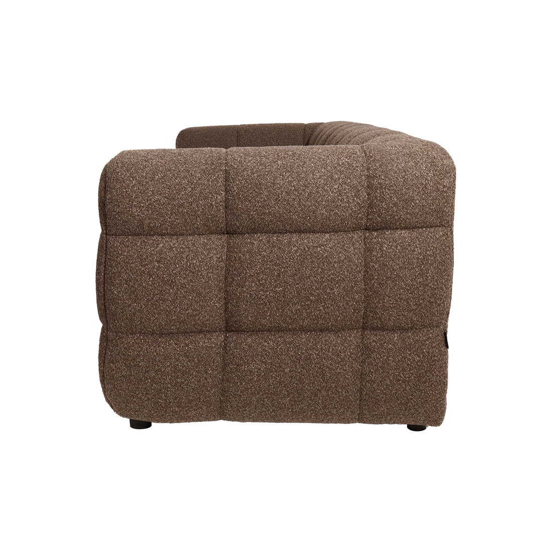 Norah 5-Seater Boucle Sofa Set with Armless Chairs in Brown, featuring a textured brown corner module. It has a low-profile, boxy form with quilted squares, highlighting its modern, cosy elegance.