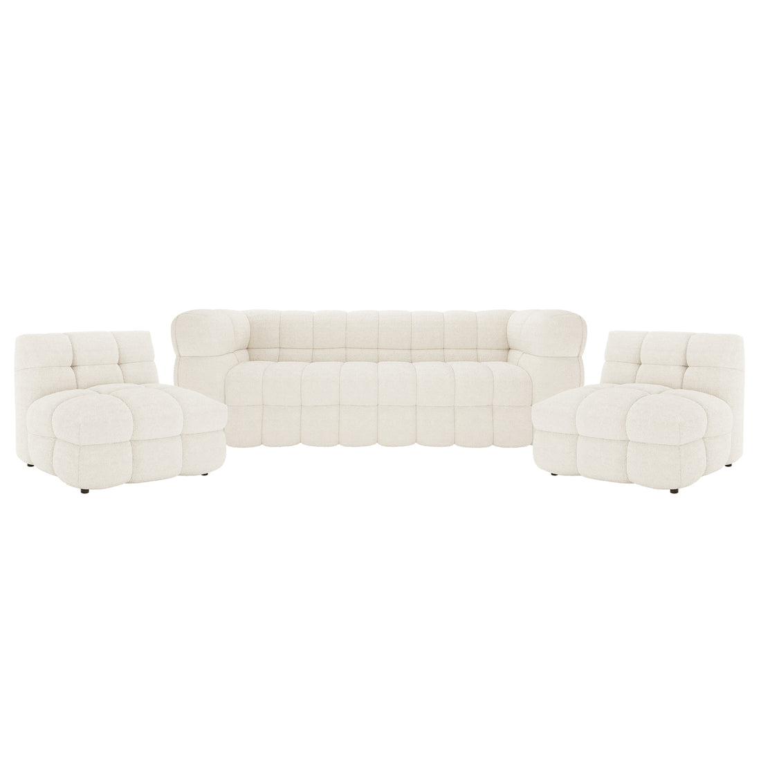 Norah 5 Seater Boucle Fabric Sofa Set in Cream White features a three-seat sofa with tufted cushions and matching armless chairs, all designed in a puffy, block-style for modern elegance.