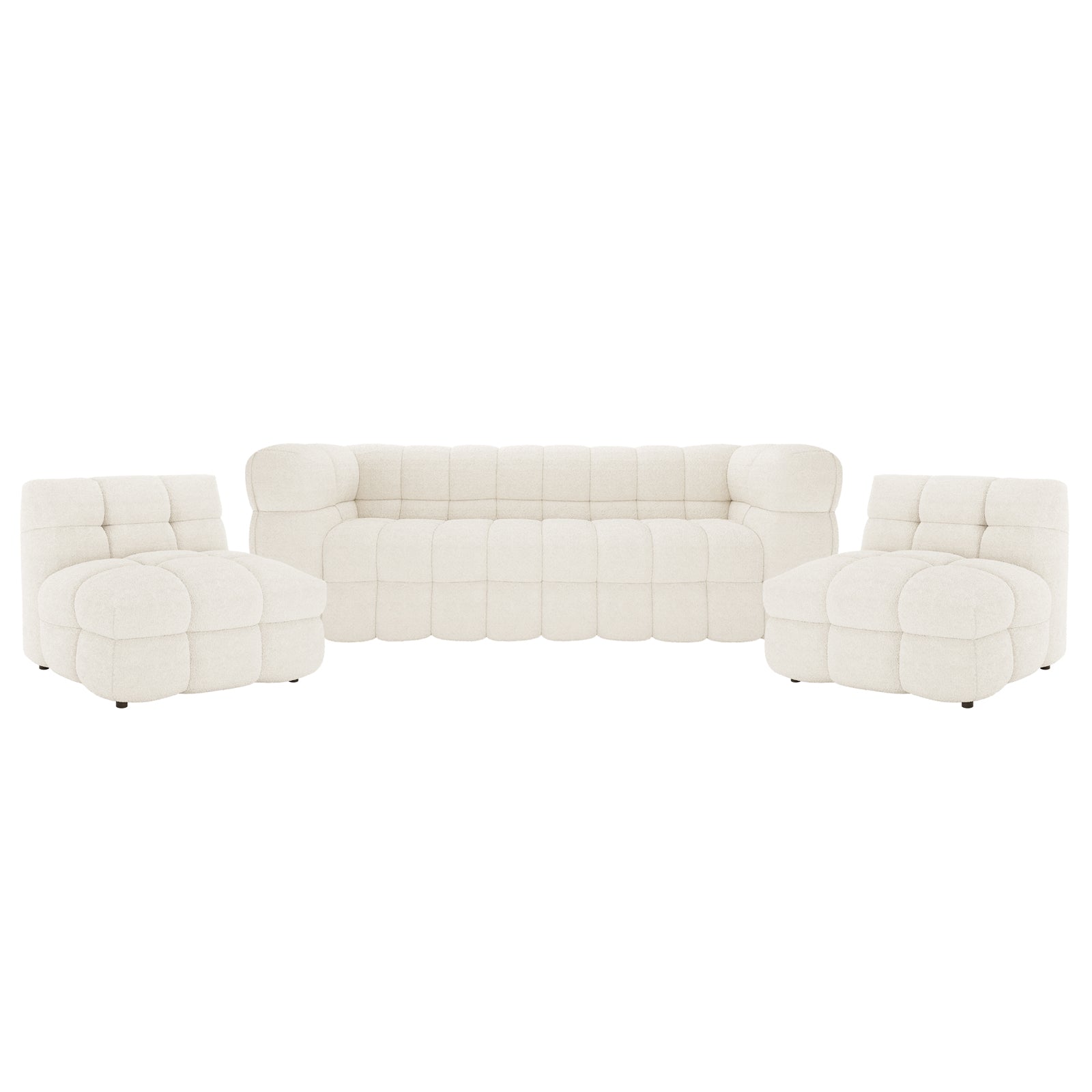 Norah 5 Seater Boucle Fabric Sofa Set in Cream White features a three-seat sofa with tufted cushions and matching armless chairs, all designed in a puffy, block-style for modern elegance.