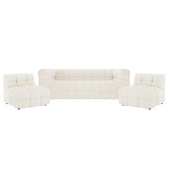 Norah 5 Seater Boucle Fabric Sofa Set in Cream White features a three-seat sofa with tufted cushions and matching armless chairs, all designed in a puffy, block-style for modern elegance.